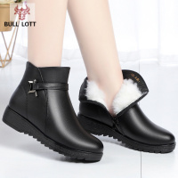 公牛乐途2021羊毛棉靴子女冬季加绒保暖短靴女防滑真皮加厚中年厚底妈妈棉皮鞋