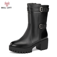 公牛乐途粗跟厚底马丁靴女2021年秋冬新款百搭英伦风高跟鞋中筒靴加绒棉鞋