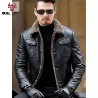 公牛乐途2021真皮皮衣男士加绒加厚海宁绵羊皮毛一体夹克短款翻领中年男装外套定做款
