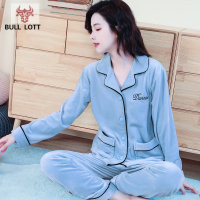 公牛乐途2021海岛绒睡衣女士秋冬季长袖大码开衫薄款珊瑚绒可外穿家居服两件套