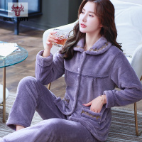 公牛乐途2021冬季保暖长袖加厚珊瑚绒中老年女士睡衣套装秋冬大码法兰绒家居服