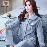 公牛乐途2021加厚珊瑚绒女士睡衣套装简约长袖秋冬加绒保暖法兰绒家居服两件套