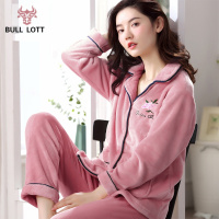 公牛乐途2021秋冬法兰绒女士睡衣女长袖珊瑚绒加绒加厚开衫大码套装冬天家居服