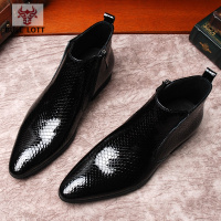 公牛乐途2021蛇纹切尔西皮靴漆皮男士高帮英伦马丁靴真皮短靴尖头皮鞋男靴子潮定做款