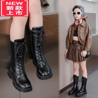可莉允女童靴子2022新款高筒靴时尚单靴儿童马丁靴英伦黑色皮靴加绒长靴