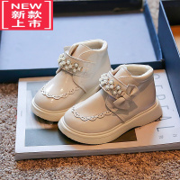 可莉允女童靴子2022新款冬季加绒公主洋气黑色短靴宝宝白色儿童二棉皮鞋