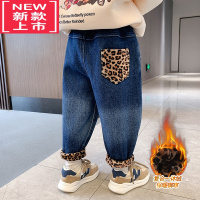 可莉允女童秋冬季加绒牛仔裤冬装新款儿童休闲老爹裤女宝宝保暖豹纹裤子保暖裤