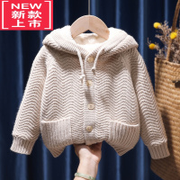 可莉允2022新款冬装针织衫女童加厚连帽羊羔绒加绒毛衣外套女宝宝开衫潮