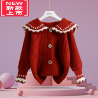 可莉允2022秋冬季新款女童红毛衣开衫洋气娃娃领针织外套儿童中大童春装