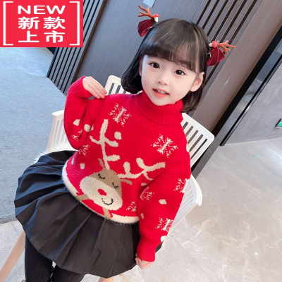 可莉允巴­拉巴­拉女童圣诞打底毛衣红色冬2022新款洋气高领宝宝小鹿针织