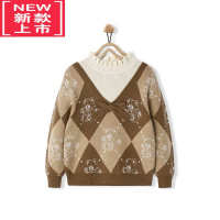 可莉允mini小鸟女童菱格小熊中领毛衣秋冬拼接假两件花边领毛衫