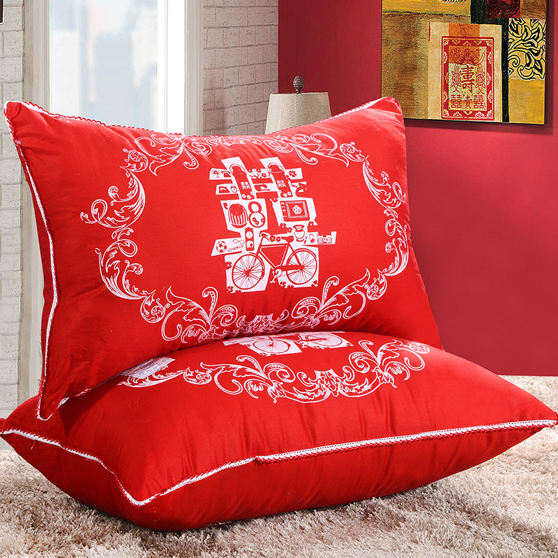 婚庆双喜枕芯大红色结婚枕头护颈枕全棉面料枕头一对拍2