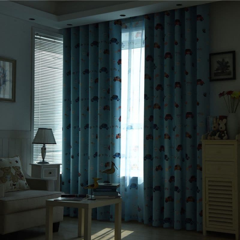 小汽车卡通动漫男孩卧室儿童房窗帘全遮光布艺定制蓝色窗帘成品图片