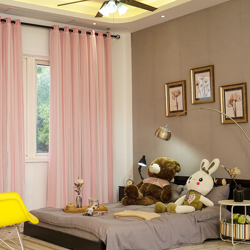 粉色窗帘成品卧室客厅双层布纱一体落地窗全遮光公主风带纱儿童房