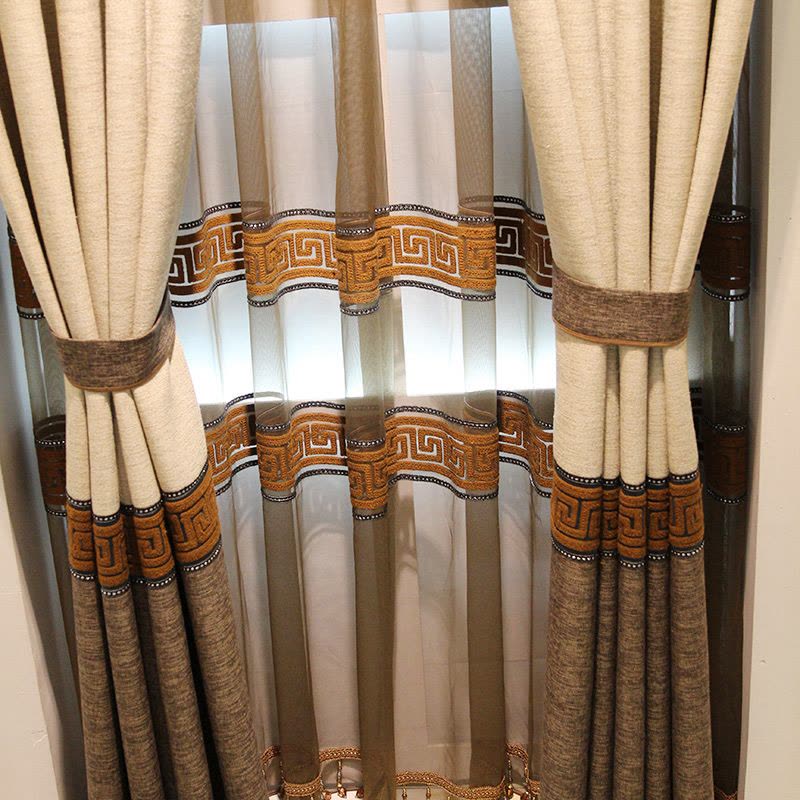 新中式窗帘现代中式客厅卧室落地窗纯色亚麻棉麻拼接简约现代遮光图片