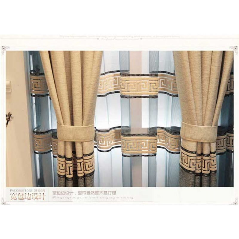 新中式窗帘现代中式客厅卧室落地窗纯色亚麻棉麻拼接简约现代遮光
