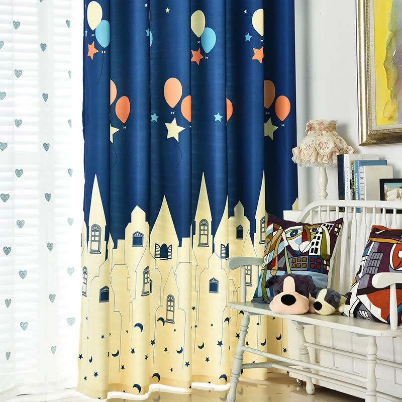 地中海儿童房蓝色卡通城堡窗帘棉麻遮光布男孩卧室飘窗纱成品图片