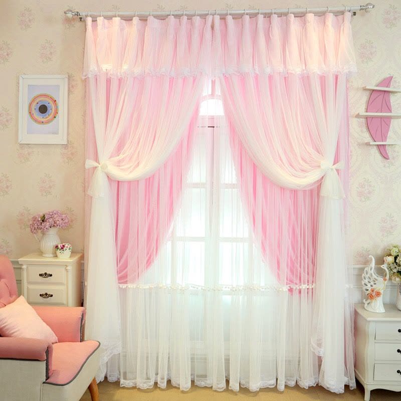 网红成品蕾丝纱窗帘公主风粉色紫色布三层白纱少女心卧室客厅图片
