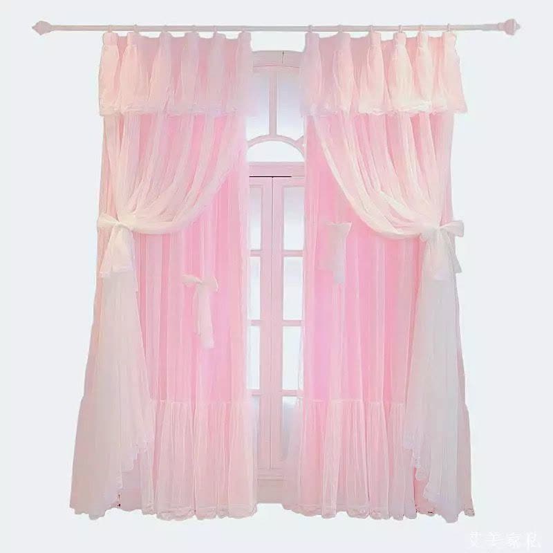 网红成品蕾丝纱窗帘公主风粉色紫色布三层白纱少女心卧室客厅图片