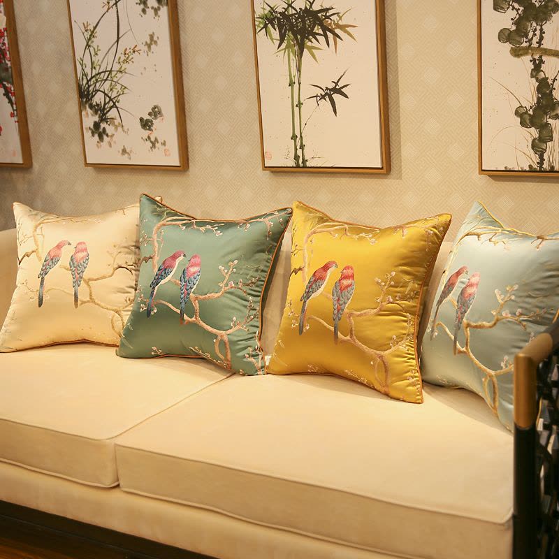 新中式抱枕刺绣花鸟古典红木沙发靠垫套床头软包办公室腰靠背含芯图片