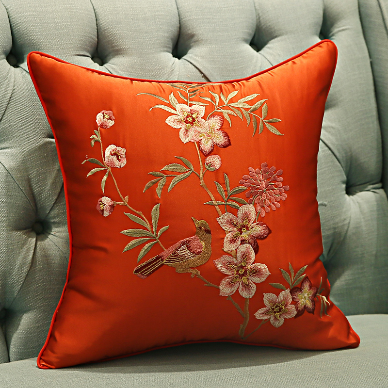 新中式抱枕刺绣花鸟古典红木沙发靠垫套床头软包办公室腰靠背含芯