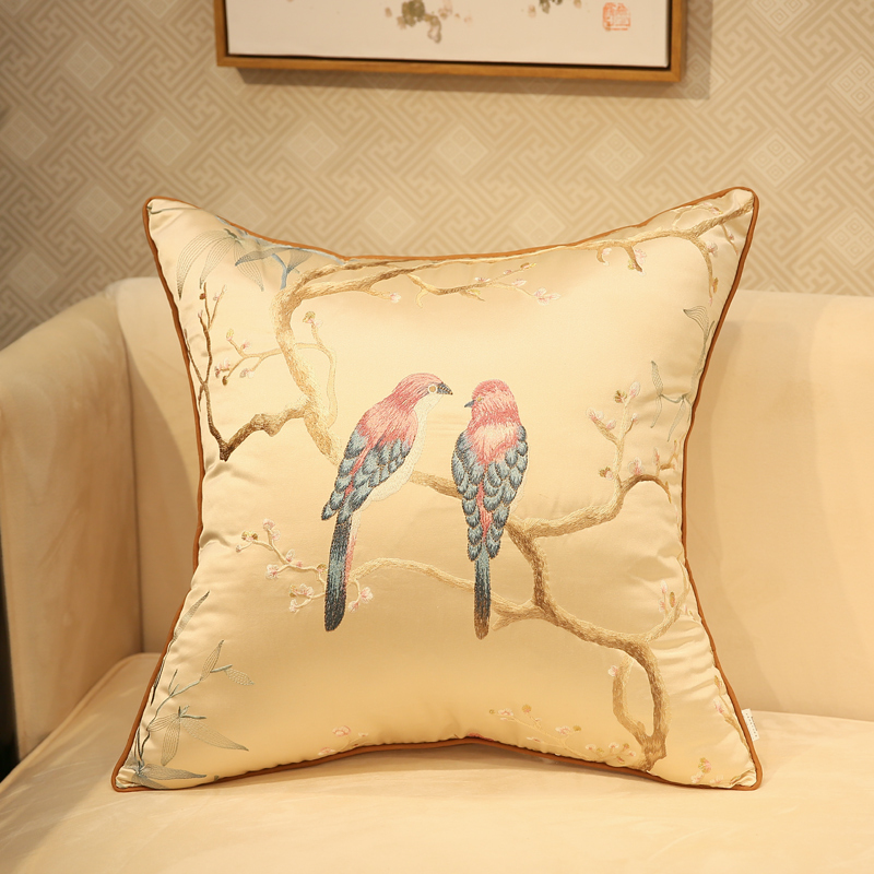 新中式抱枕刺绣花鸟古典红木沙发靠垫套床头软包办公室腰靠背含芯