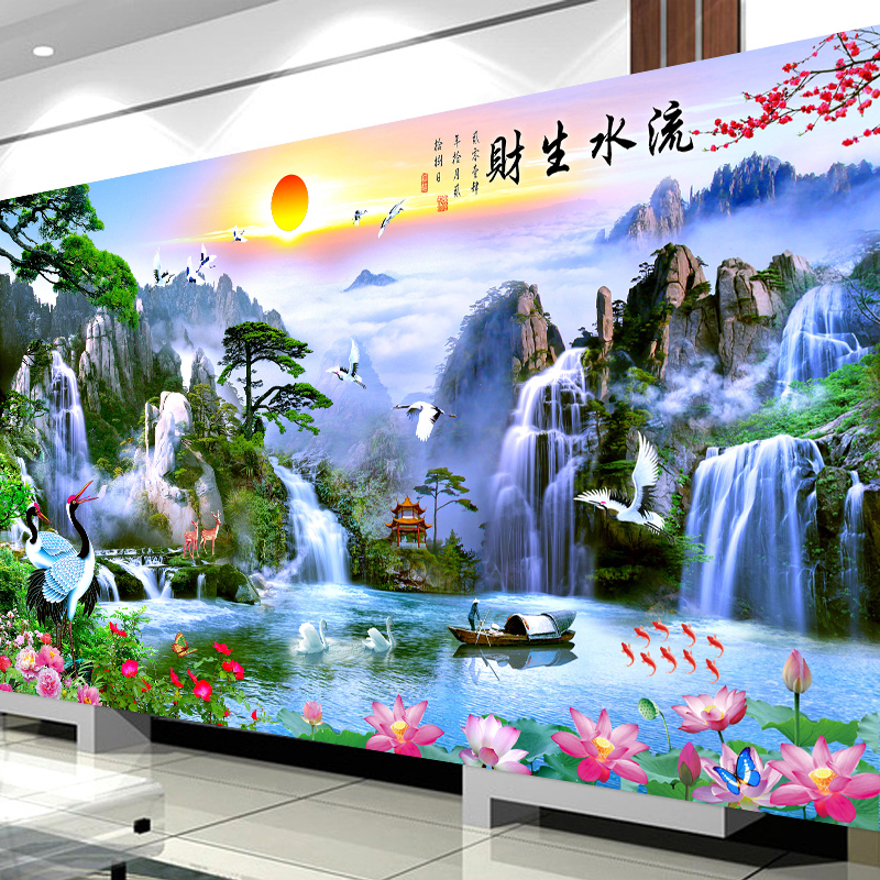 2017钻石画满钻客厅流水生财贴钻十字绣风景山水点砖石秀大幅
