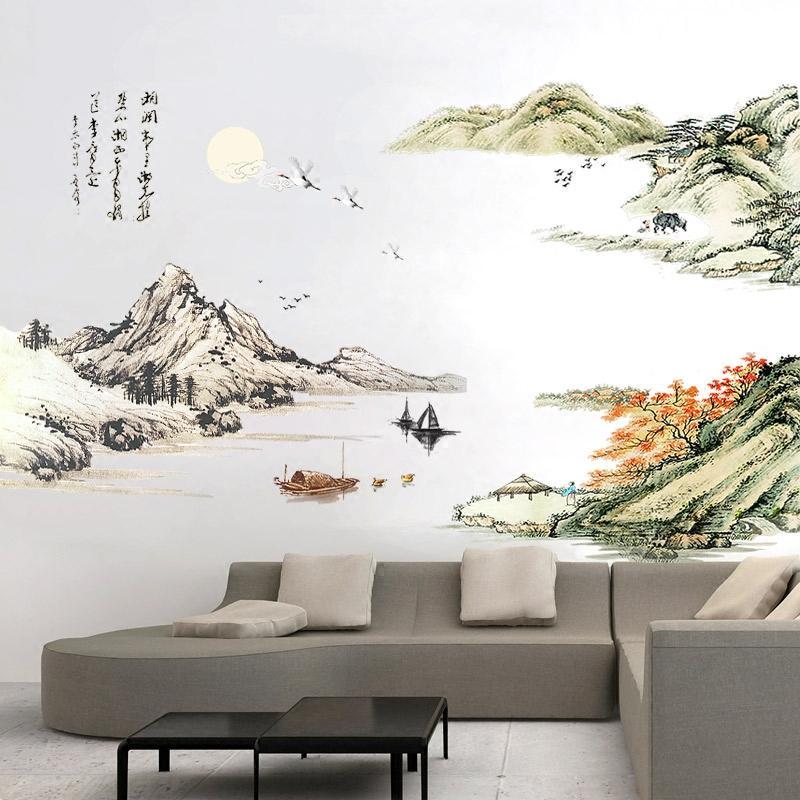 中式山水画墙纸自粘墙贴画公司办公室装饰品创意贴纸客厅背景墙