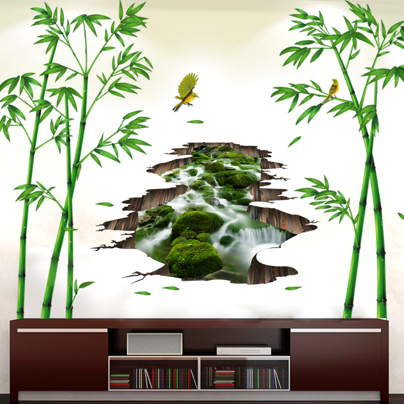 3d立体墙贴纸贴画客厅电视背景墙壁装饰品竹子壁画山水画墙纸自粘