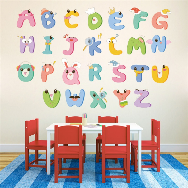 26个英文字母贴纸英语单词卡通动物墙贴儿童房幼儿园教室壁画自粘