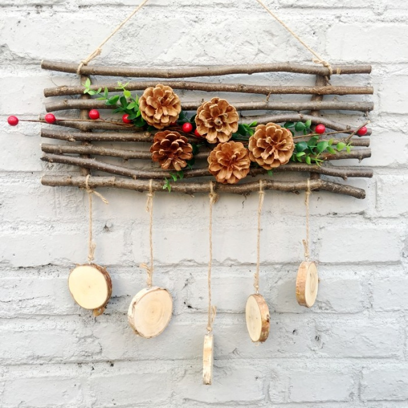 天然麻绳松果装饰挂件干树枝干花小鸟创意手工圣诞田园diy壁挂