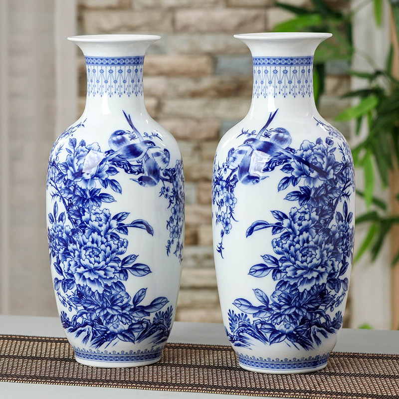 景德镇青花瓷花鸟陶瓷花瓶大号掸瓶家居客厅插花花瓶摆件工艺品