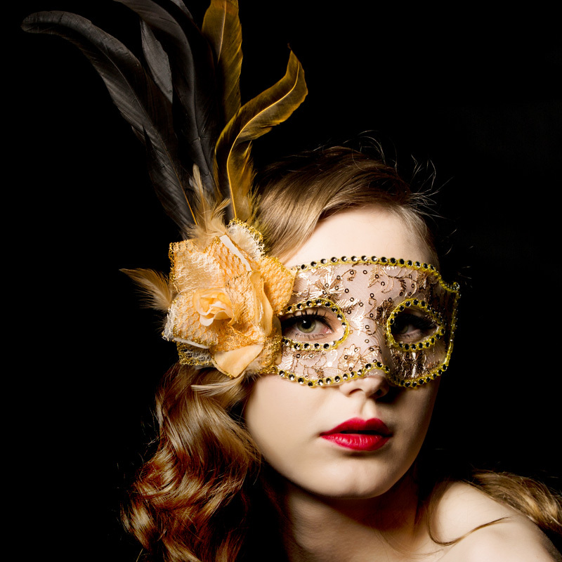 年会派对舞会成人威尼斯化装化妆面具女儿童侧边带花羽毛公主面具