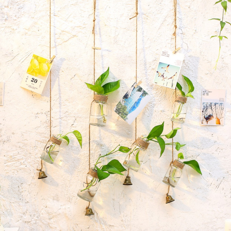 小清新悬壁挂玻璃花瓶水培植物玻璃瓶透明麻绳小吊瓶装饰风铃挂件