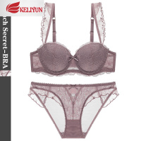 可莉允法式的秘密!性感蕾丝荷叶边小胸聚拢文胸可插片罩杯内衣套装女士文胸套装