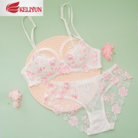 可莉允[原创设计]性感透明蕾丝刺绣花朵内衣套装超薄款文胸超薄款显小文胸套装