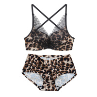 可莉允前扣豹纹美背聚拢文胸无钢圈性感蕾丝防下垂上托小胸少女内衣套装文胸套装