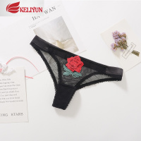 可莉允少女美屋性感网纱透明低腰女士三角裤红玫瑰刺绣内裤黑色透视底裤内裤