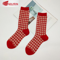 可莉允红色格子袜子中长筒英伦风男女情侣款新年长袜过年穿的红袜子牛年袜子