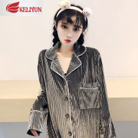 可莉允睡衣女春秋季坑条金丝绒纯色长袖宽松大码甜美冬季薄款家居服套装睡衣