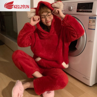 可莉允睡衣女秋冬季珊瑚绒加厚加绒红色可爱带帽法兰绒可外穿家居服套装睡衣