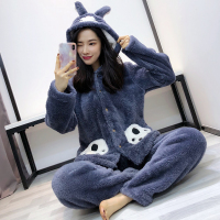 可莉允秋冬款加厚加绒加肥加大码睡衣女胖mm200斤珊瑚绒开衫家居服套装睡衣