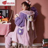 可莉允睡衣女秋冬季珊瑚绒睡袍女加厚加绒可爱浴袍长款法兰绒家居服套装睡衣