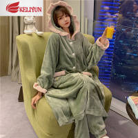 可莉允睡衣女秋冬珊瑚绒加厚连帽睡袍长款浴袍冬季法兰绒可爱家居服套装睡衣