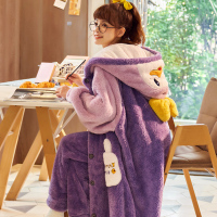 可莉允珊瑚绒睡衣女士冬季加厚加绒法兰绒中长款睡袍秋冬可爱家居服套装睡衣