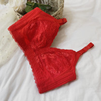 可莉允大胸显小文胸收副乳薄无钢圈大码F杯胖mm本命年大红色内衣防下垂胸罩