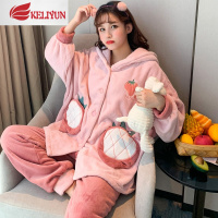 可莉允睡衣女秋冬法兰绒加厚卡通加肥加大码胖MM200斤珊瑚绒家居服套装睡衣