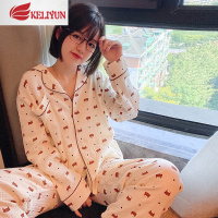 可莉允小熊睡衣女春秋长袖棉开衫薄款双层纱布韩版可爱棉纱家居服套装睡衣