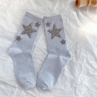 可莉允春季手工定制袜子女棉中筒袜个性创意水钻银葱闪亮五角星堆堆袜袜子