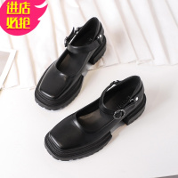 金三志玛丽珍单鞋女2021新款朋克黑色方头粗跟松糕鞋大头英伦风小皮鞋女休闲鞋